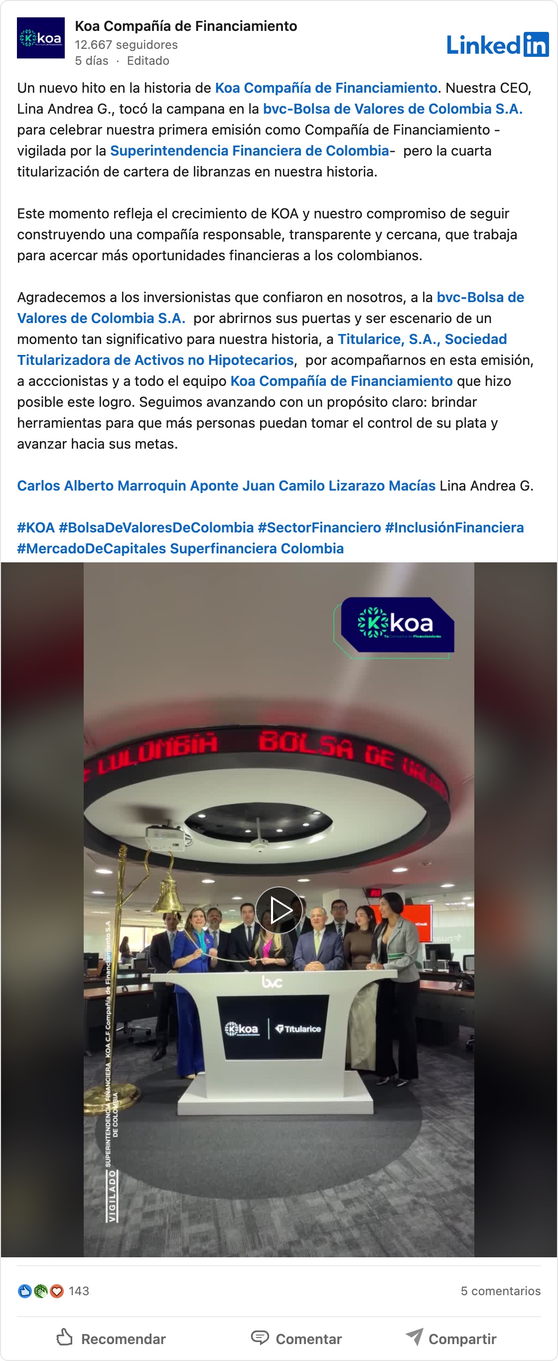 Visual de la publicación de Koa Compañía de Financiamiento en LinkedIn